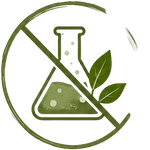Three circular green and brown icon-style badges on a light beige background, with text reading 'Authentic Recipes,' 'Premium Spices,' and 'No Artificial Colours.' The first icon shows a mortar and pestle with an open book and green leaves; the second shows a bowl of yellow spice with herbs, chili, and star anise; the third shows a crossed-out flask with green liquid and leaves.